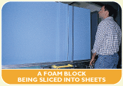 A foam block is sliced into sheets